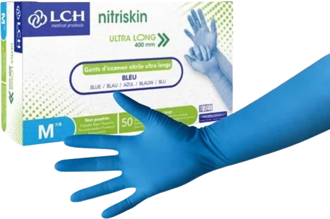 Guantes de examen de nitrilo Nitriskin azul, sin polvo, no estériles - puño extra largo (caja de 50)