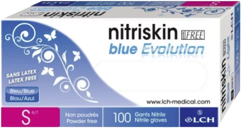 Guantes de examen de nitrilo Blue Evolution sin polvo y no estériles (caja de 100) Nitriskin