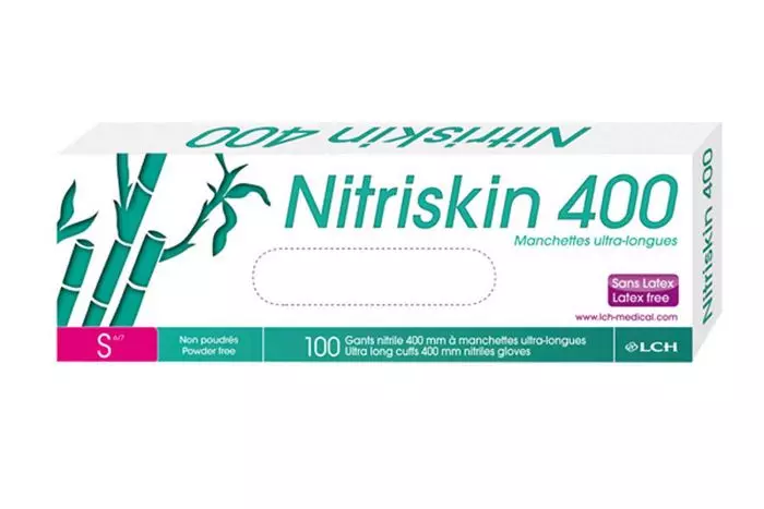 Guantes de nitrilo de manga extra larga con polvo HCL Nitriskin 400 (caja de 50)