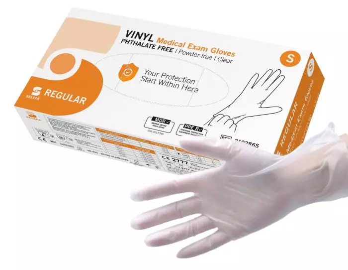 Guantes de examen regulares de vinilo no estériles sin polvo (caja de 100)