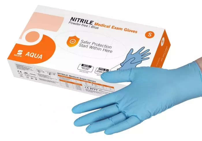 Guantes de examen de nitrilo Aqua, sin polvo, no estériles (caja de 100)