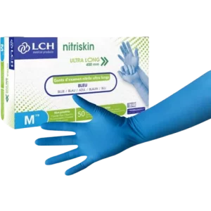 Guantes de examen de nitrilo Nitriskin azul, sin polvo, no estériles - puño extra largo (caja de 50)