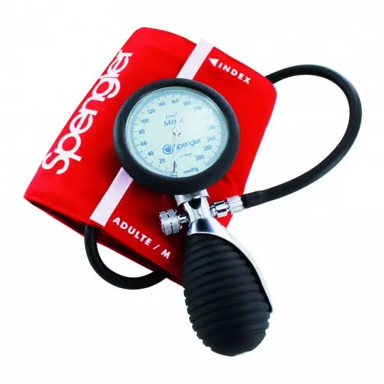 Tensiómetro aneroide ambidiestro Spengler Lian® Metal con manguito velcro algodón rojo Adulto M