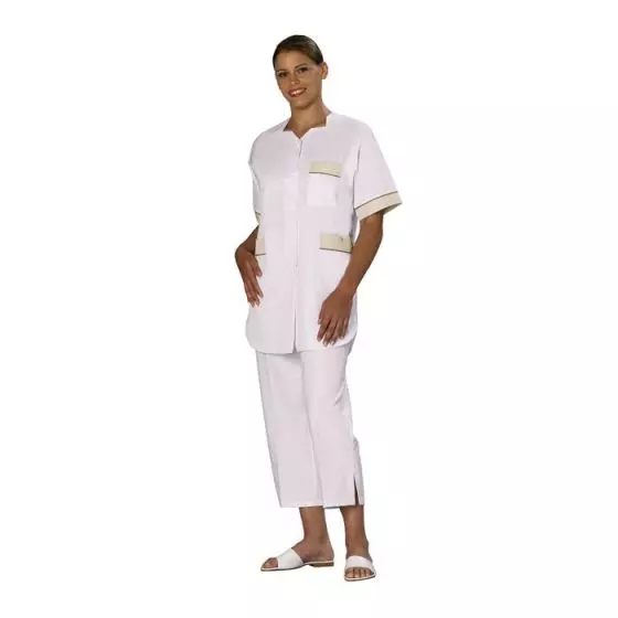Túnica médica para mujer Tivry blanco bocamanga tan con ribete tan Mulliez