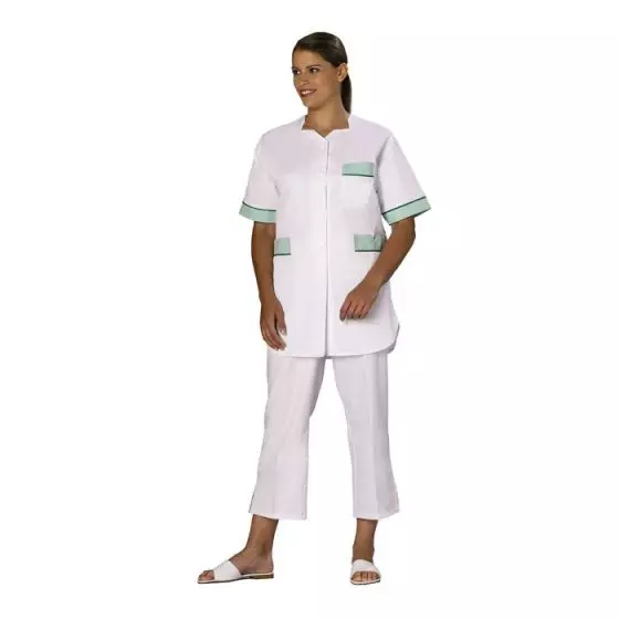 Túnica médica para mujer Tivry blanco bocamanga aqua con ribete aqua Mulliez