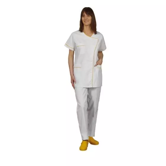 Túnica médica para mujer Taffa blanco con ribete amarillo Mulliez