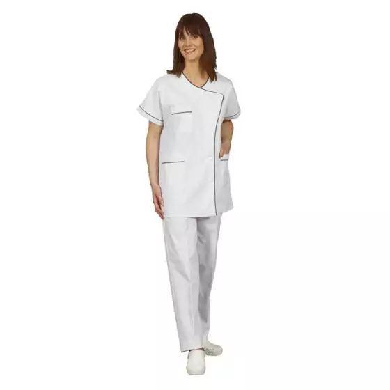 Túnica médica para mujer Taffa piqué blanco con ribete celeste Mulliez