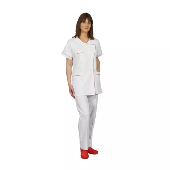 Túnica médica para mujer Taffa piqué blanco con ribete rosa oscuro Mulliez