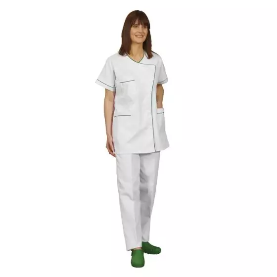 Túnica médica para mujer Taffa piqué blanco con ribete verde Mulliez 