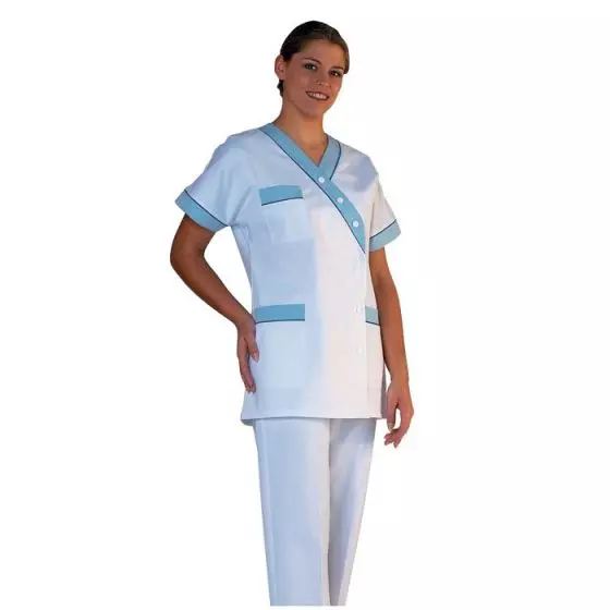 Túnica médica para mujer Timme blanco bocamanga celeste Mulliez
