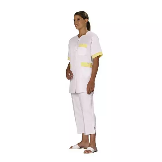 Túnica médica para mujer Tivry blanca bocamanga amarilla con ribete Mulliez