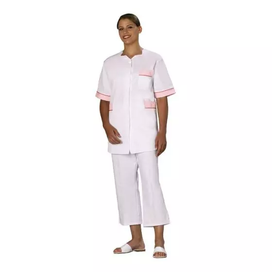 Túnica médica para mujer Tivry blanco bocamanga rosa con ribete rosa Mulliez