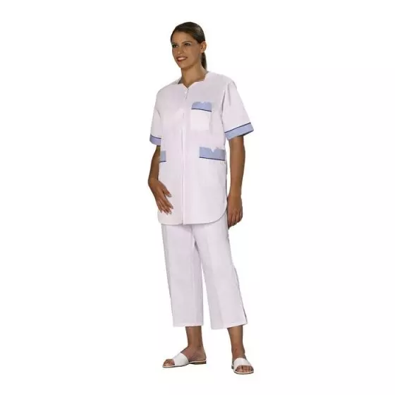 Túnica médica para mujer Tivry blanco bocamanga azul con ribete azul Mulliez