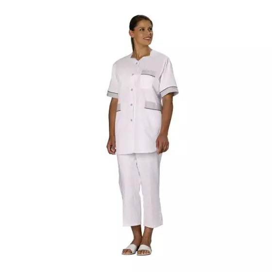 Túnica médica para mujer Tivry blanco bocamanga gris con ribete gris Mulliez