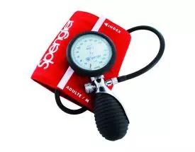 Tensiómetro aneroide ambidiestro Spengler Lian® Metal con manguito velcro algodón rojo Adulto M